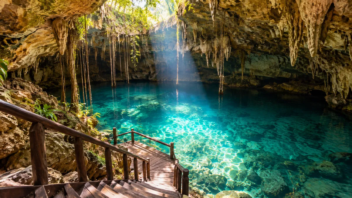 A wooden staircase leading down into a cave cenote with clear turquoise water and a beam of sunlight