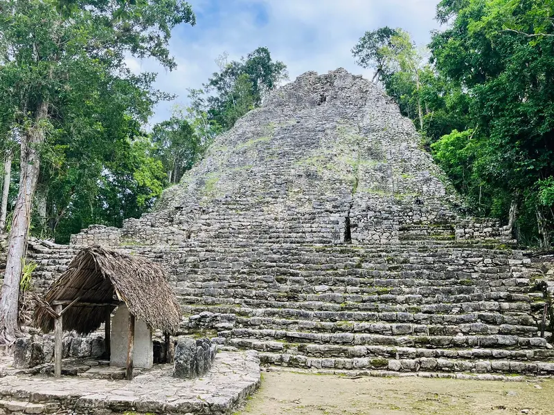 A grey stepped pyramid in the forest with a small thatched shelter at its foot