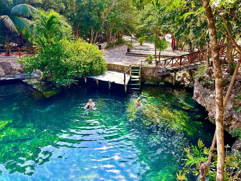 A swimmer in a clear green open cenote with a wooden deck and jungle around it